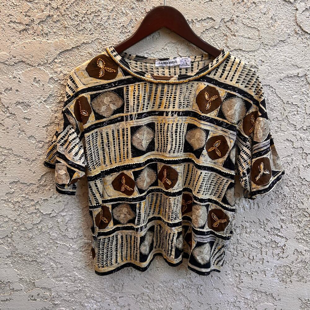 Vintage Lauren Brooke Beaded Tribal Print Top Medium Boho Art to Wear